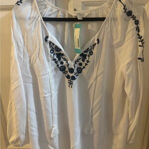 Elegant White Blouse with Navy Floral Detail